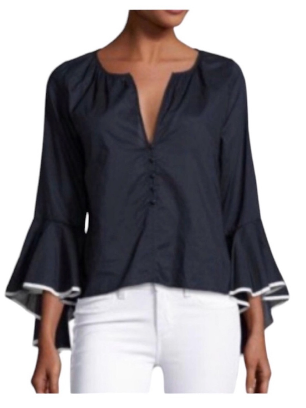 Misa Los Angeles Black Bell-Sleeve V-Neck Blouse